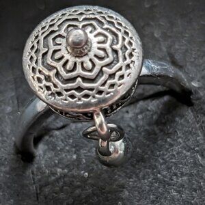 Silver Spinner Ring with Mandala /Lotus design and  - Adjustable - dangle accent